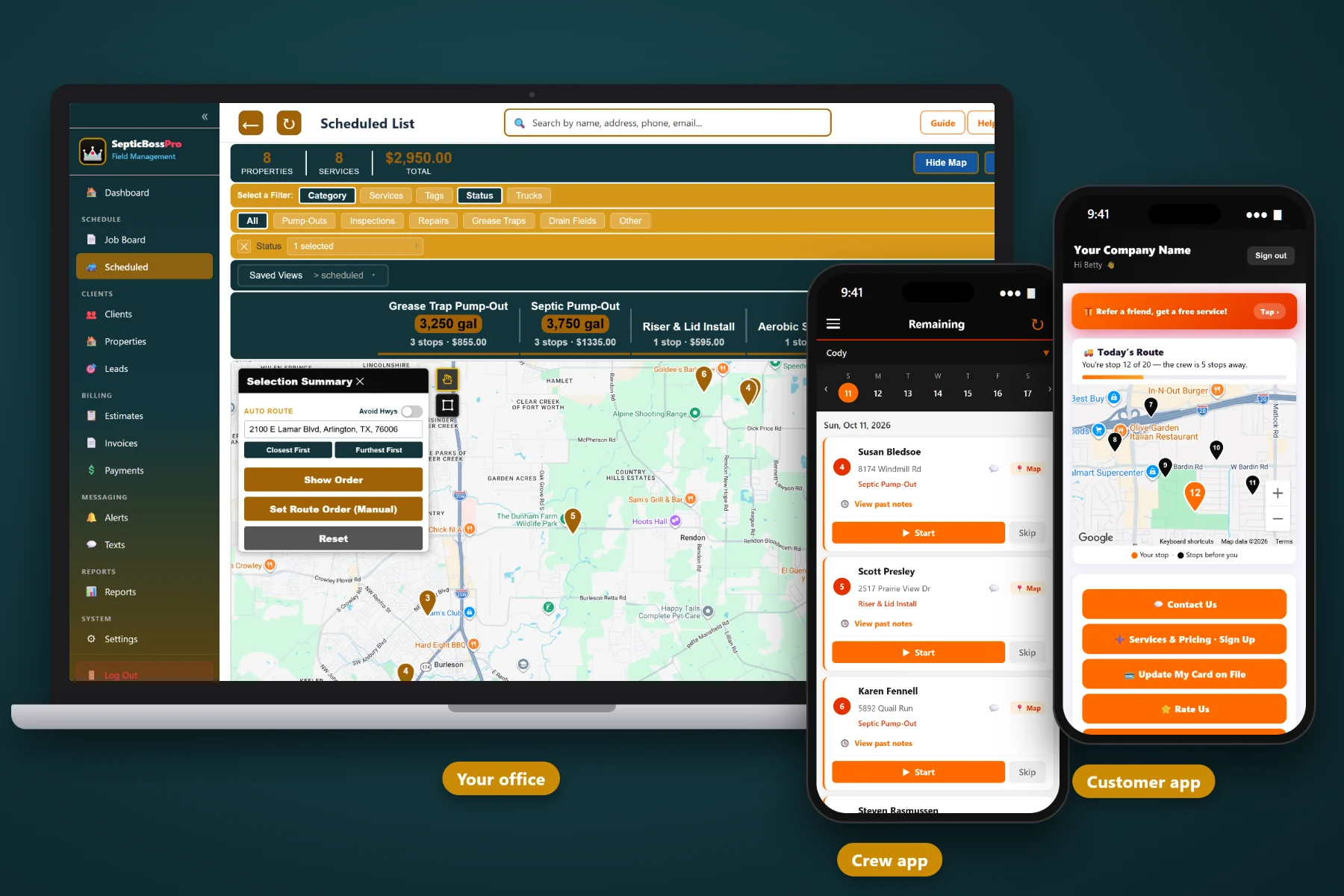 SepticBossPro on a laptop showing today's pump-out route, with the crew app and the customer app on two phones